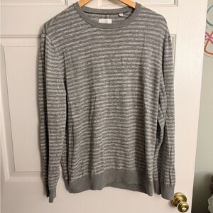 Billy Reid Gray and White Striped Crewneck Sweater